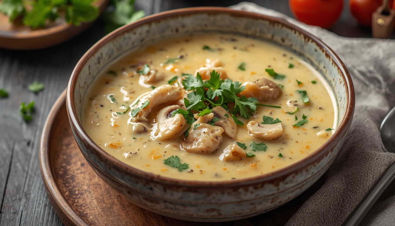 Сырный суп с курицей и грибами